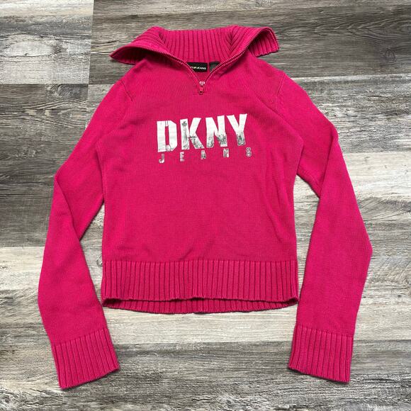 y2k 2000s pink dkny jeans nyc skyline spellout zip‎ turtle neck sweater womens S - Picture 2 of 9
